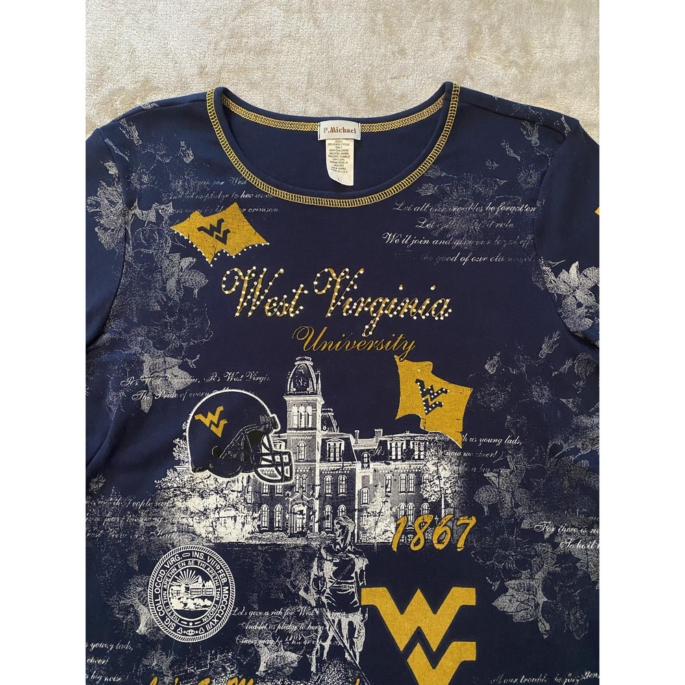 West Virginia Mountaineers Shirt Top Sz L Blue‎ Yellow Rhinestones NCAA Football